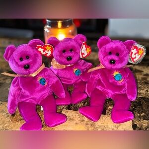 💜✨ TY Beanie Babies “Millenium” Bear Set of 3 • 1999 • Mis-Spelled Millennium